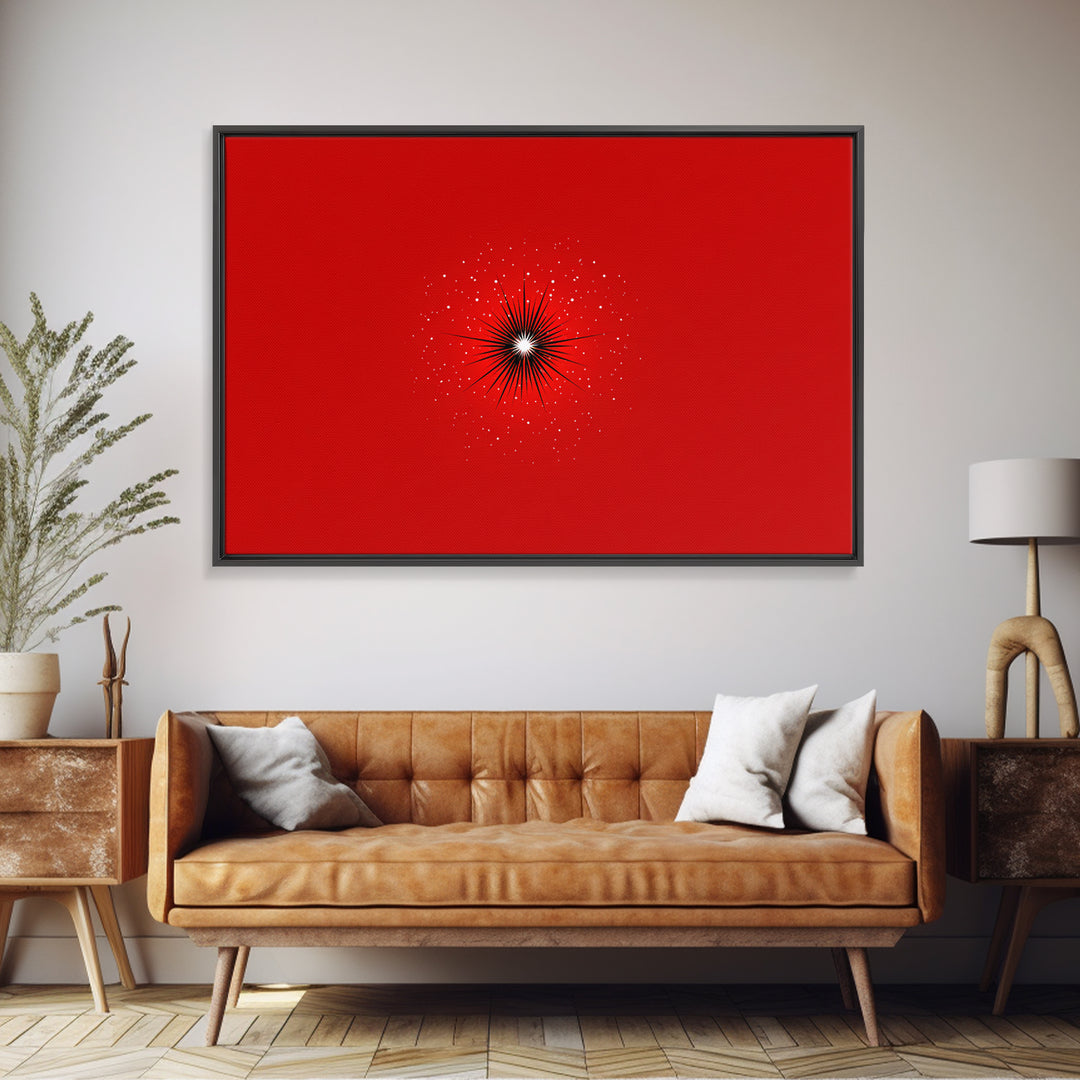 Minimal Red Starburst Wall Art, Modern Abstract Art Print, Retro Space Poster, Black White Spark Decor, Bold MCM Home Decor Gift