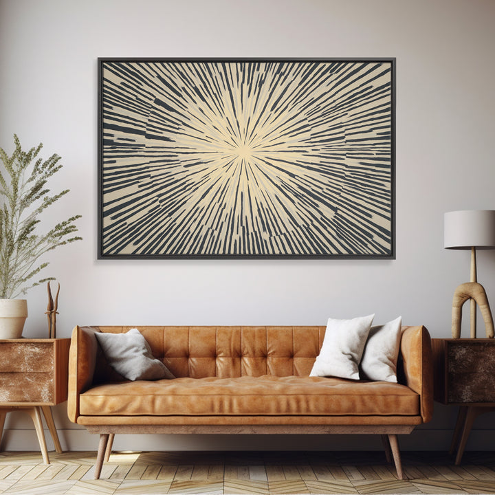 Cream Black Radial Burst Canvas Print, Midcentury Modern Wall Art, Retro Geometric Poster, Neutral MCM Home Office Decor
