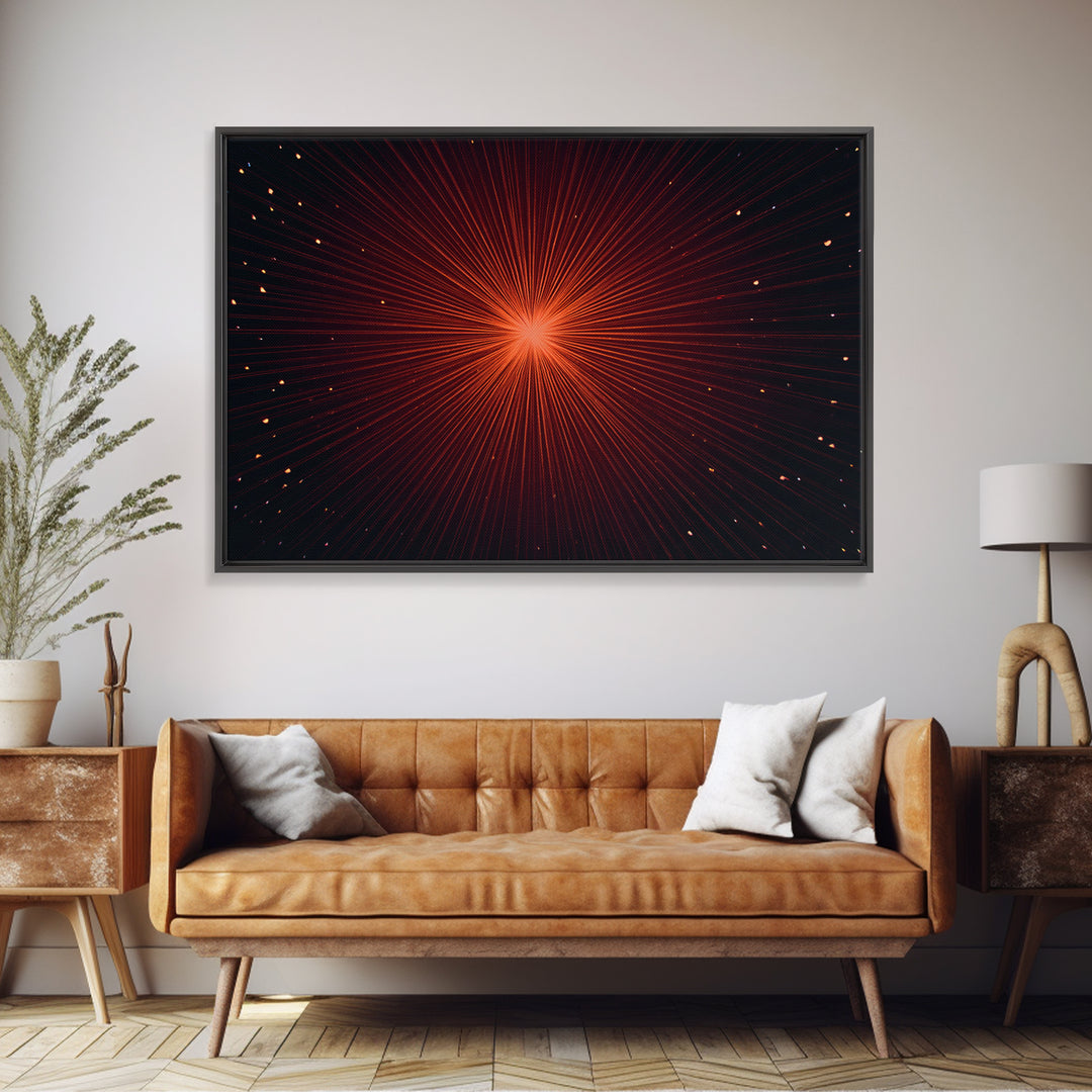 Radiant Red Starburst Light Rays In Black Space Canvas Print, Retro Futuristic Wall Decor, Modern Abstract Art For Living Room