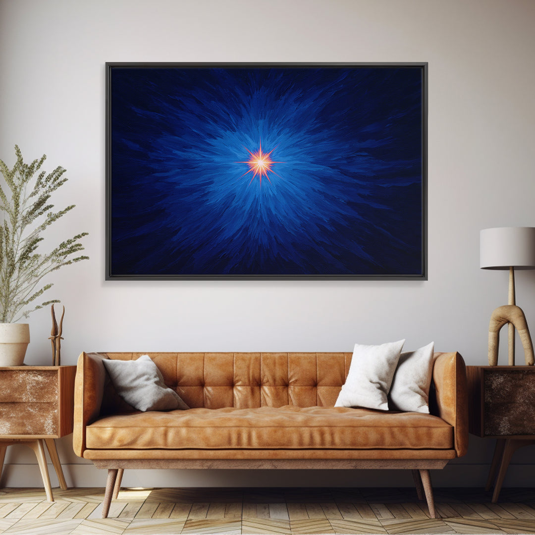 Electric Blue Cosmic Burst With Orange Star Center Canvas Print, Modern Abstract Art, Space Wall Decor For Bedroom And Office