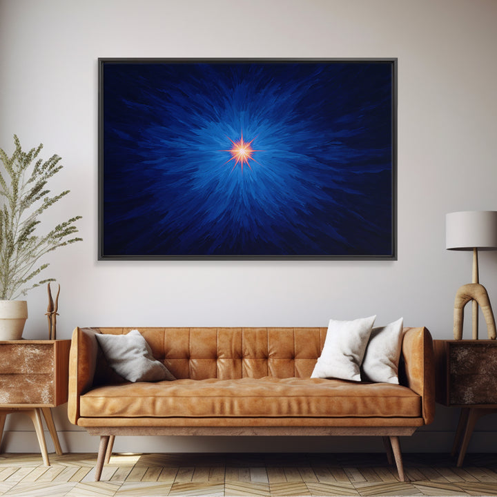 Electric Blue Cosmic Burst With Orange Star Center Canvas Print, Modern Abstract Art, Space Wall Decor For Bedroom And Office