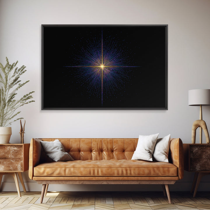 Neon Dotted Starburst On Black Space Wall Art, Retro Futuristic Digital Art Print, Modern Geometric Decor For Office And Studio