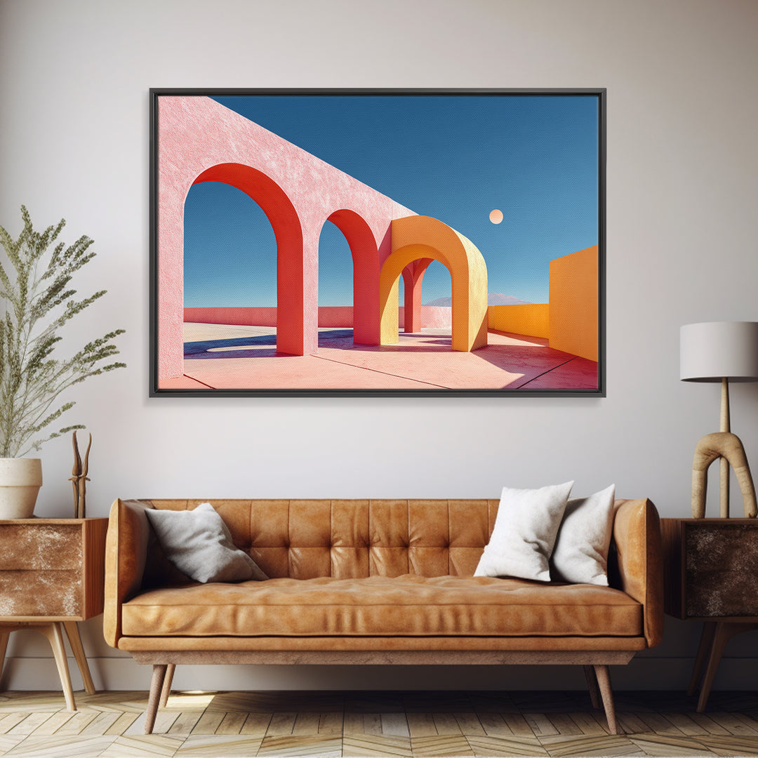 Pink Desert Arches With Orange Moon Framed Canvas Print, Midcentury Modern Wall Art, Architectural Decor For Living Room