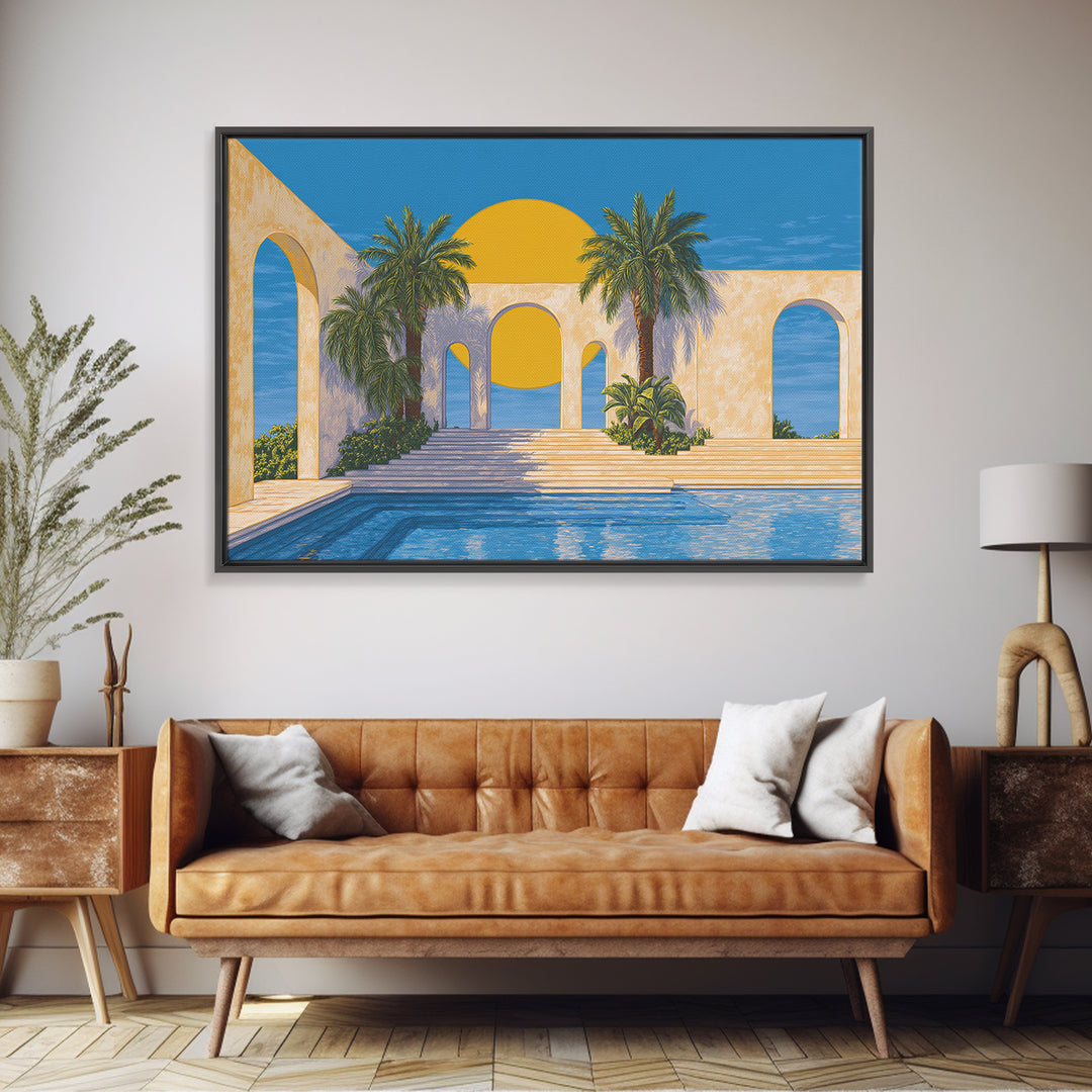 Tropical Palm Pool With Sunlit Arches Canvas Print, Palm Springs Wall Art, Midcentury Modern Decor For Beach House Patio