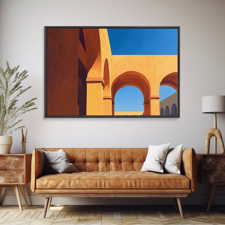 Golden Arches And Blue Sky Shadows Wall Art, Mediterranean Architectural Print, Modern Home Decor For Entryway And Office