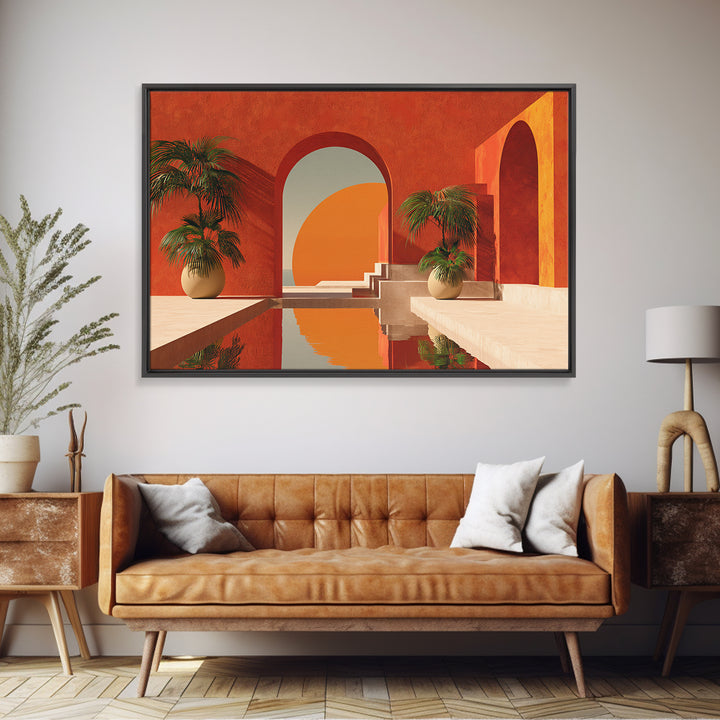Terracotta Courtyard With Palms And Reflecting Pool Canvas Print, Modern Wall Art, Southwestern Decor For Living Room And Entry