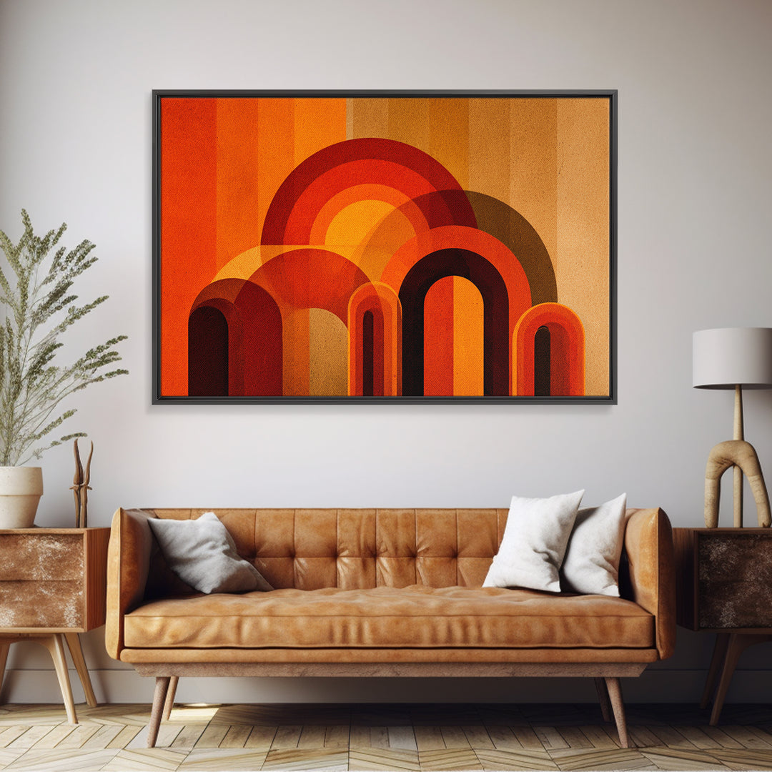 Retro Orange Abstract Arches And Circles Wall Art, Midcentury Modern Geometric Print, Bold 70s Decor For Living Room And Office