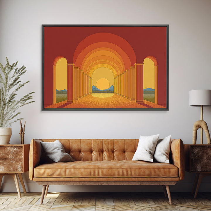 Sunset Arcade Colonnade In Orange Desert Wall Art, Midcentury Modern Architectural Print, Retro Home Decor For Hallway And Entryway