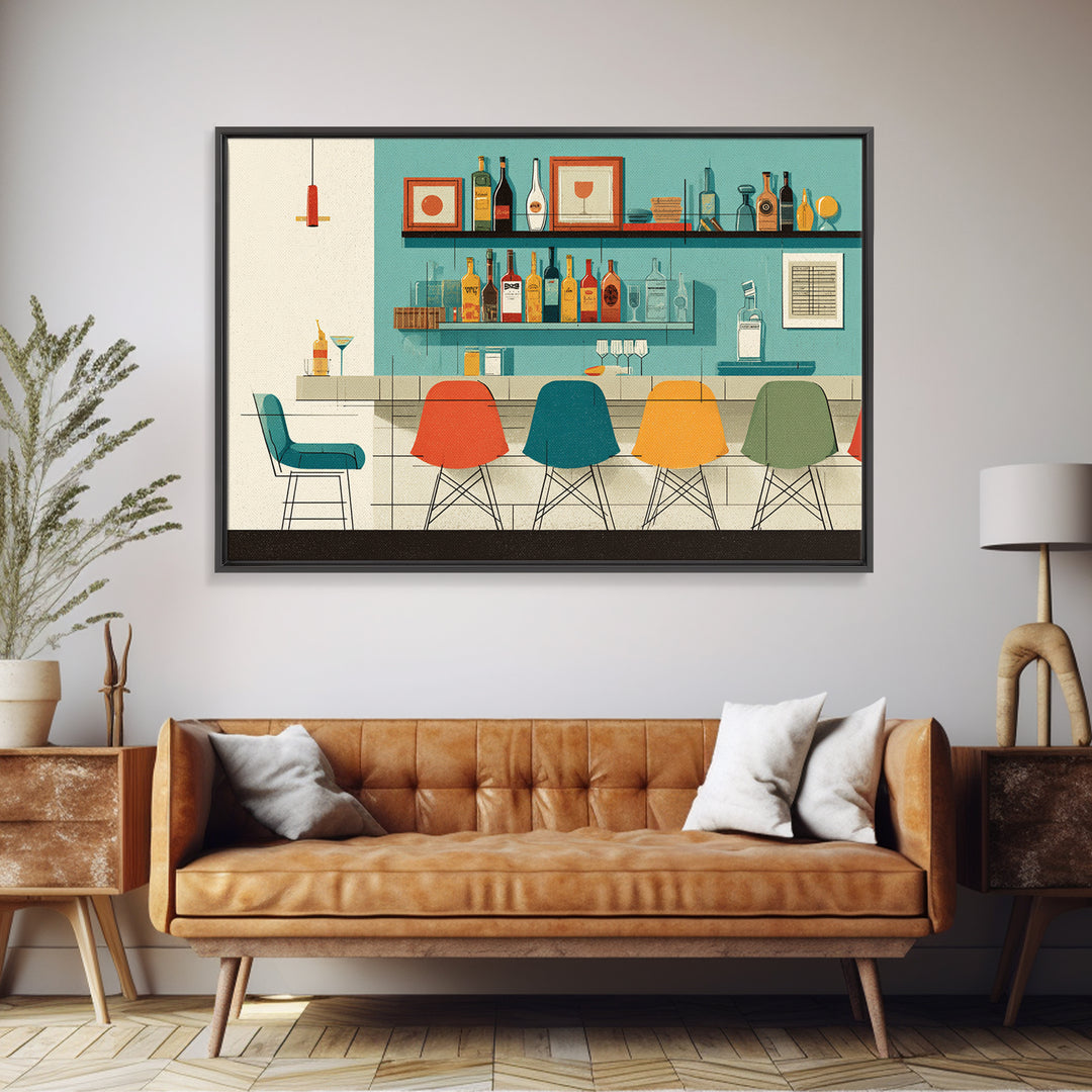 Minimal Cocktail Lounge With Color Chairs Wall Art, Midcentury Modern Art Print, Retro Bar Poster, MCM Kitchen Decor, Cafe Wall Art