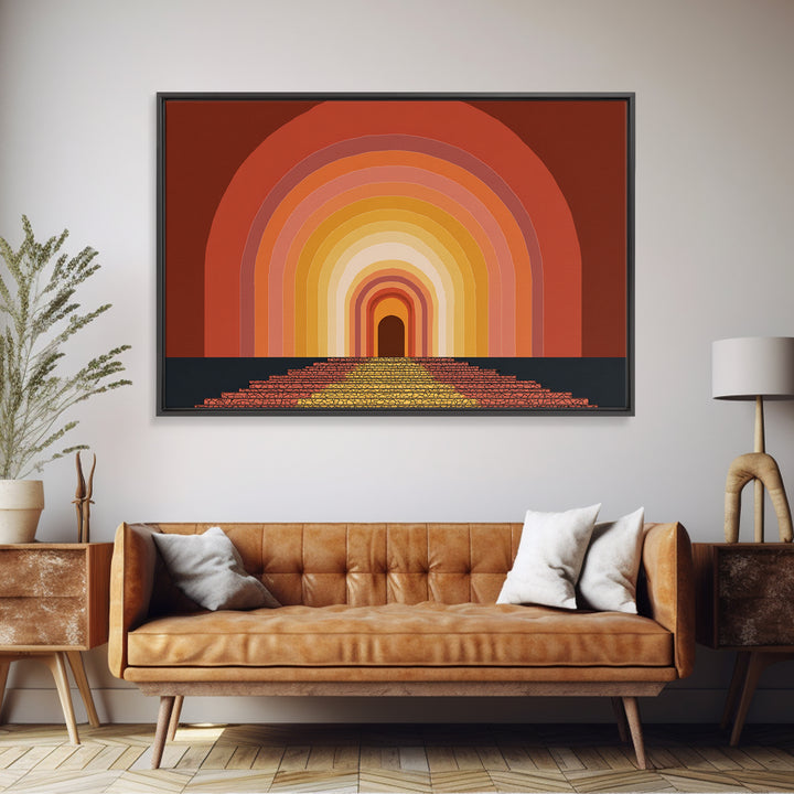 Rainbow Tunnel Arches With Stairway To Light Framed Canvas Print, Retro Wall Art, 70s Geometric Decor For Living Room And Office