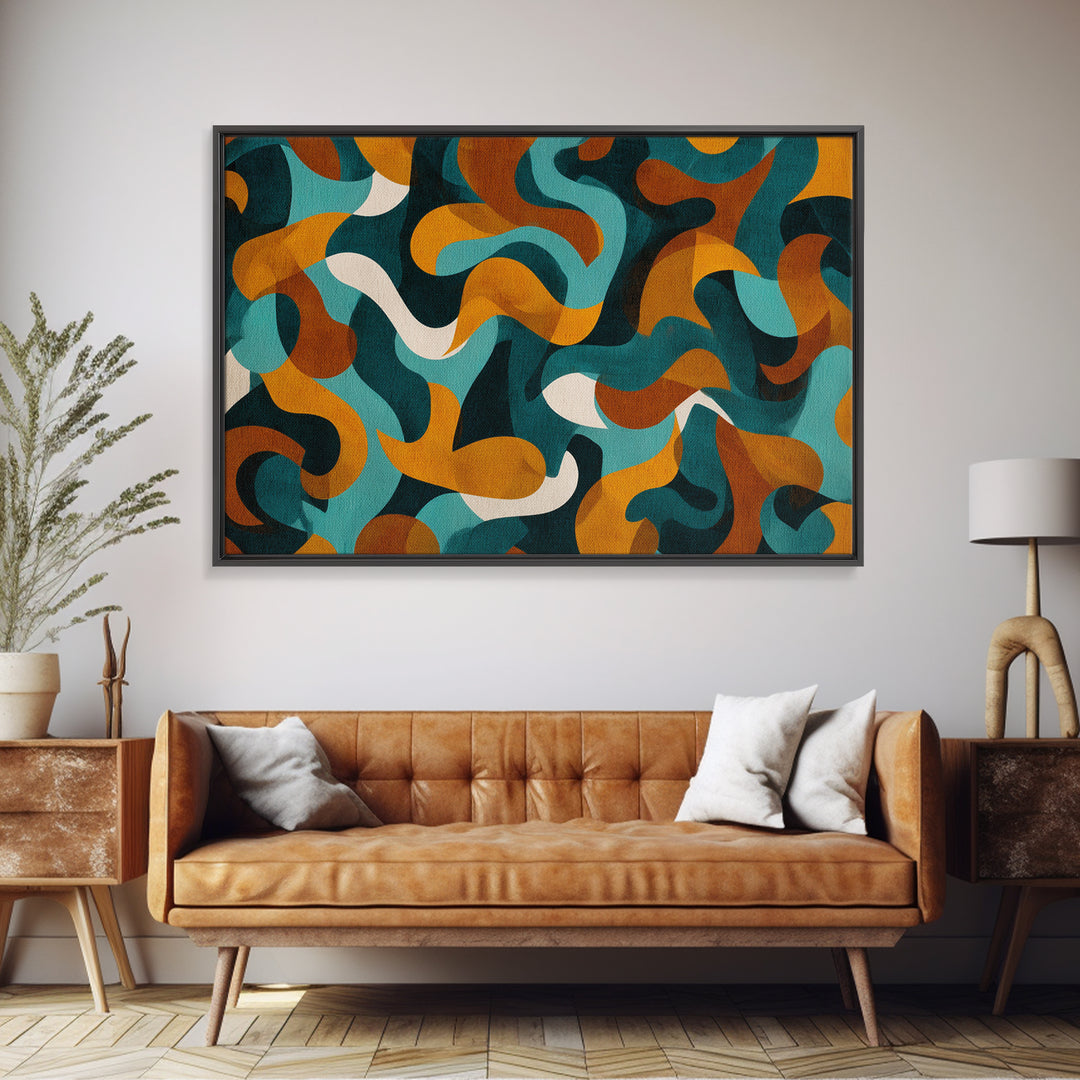 Teal Mustard Rust Organic Shapes Canvas Print, Midcentury Modern Abstract Art, Retro Wall Decor, Funky Living Room Poster