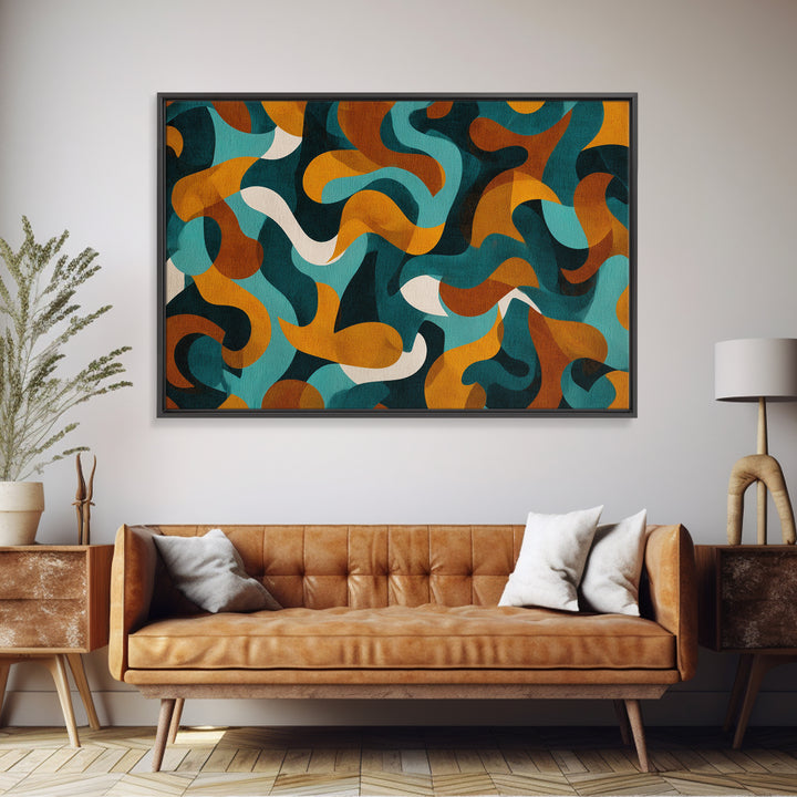 Teal Mustard Rust Organic Shapes Canvas Print, Midcentury Modern Abstract Art, Retro Wall Decor, Funky Living Room Poster