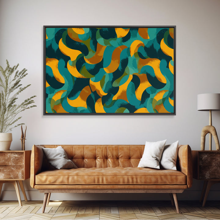 Teal Gold Navy Brushstroke Canvas Print, Midcentury Abstract Art, Modern Retro Wall Decor, Colorful MCM Home Office Poster