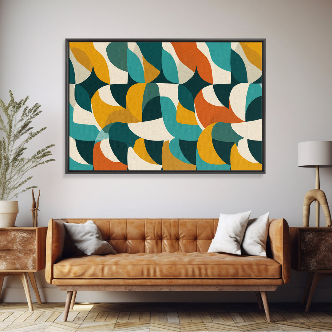 Cream Teal Orange Curved Geometry Wall Art, Midcentury Modern Print, Retro Abstract Decor, Bauhaus Inspired Living Room Poster