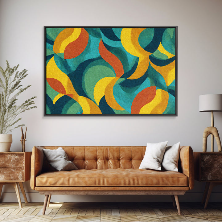 Teal Yellow Rust Crescent Shapes Framed Canvas Print, Midcentury Modern Art, Retro Geometric Wall Decor, Colorful Home Poster