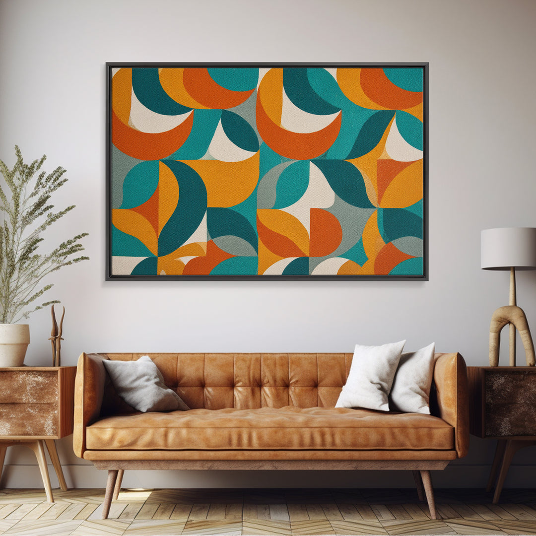 Orange Teal Mustard Circle Tiles Canvas Print, Midcentury Modern Wall Art, Retro MCM Decor, Geometric Abstract Living Room Poster