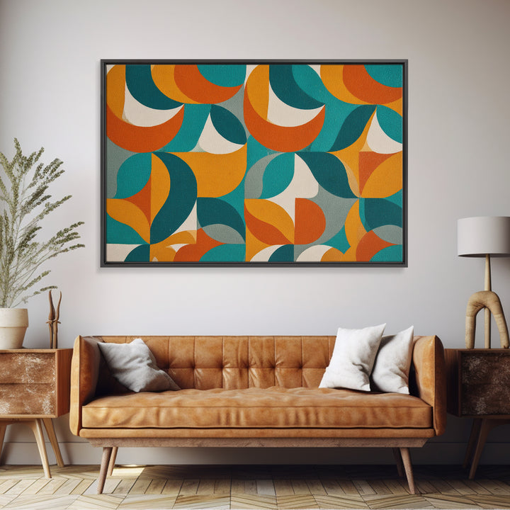 Orange Teal Mustard Circle Tiles Canvas Print, Midcentury Modern Wall Art, Retro MCM Decor, Geometric Abstract Living Room Poster