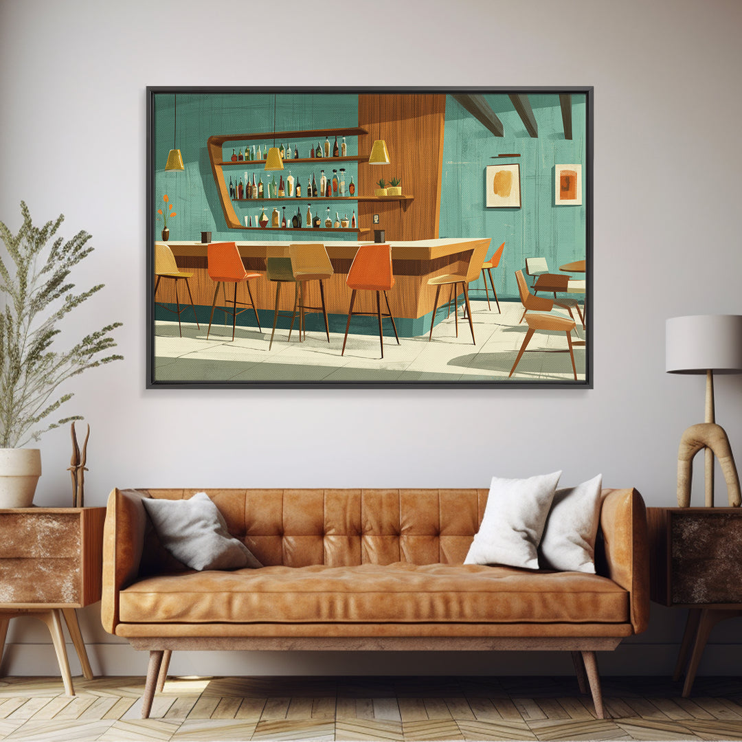 Wood And Teal Modernist Lounge Bar Wall Art, Midcentury Modern Canvas Print, Retro Cocktail Poster, Scandinavian Decor, MCM Decor