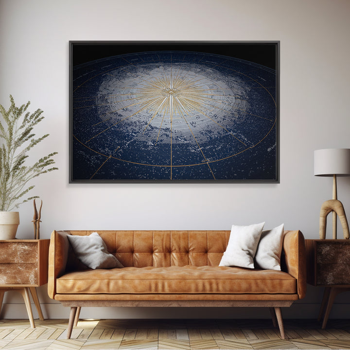 Blue Gold Radiant Star Map Canvas Print, Celestial Compass Wall Art, Modern Cosmic Decor, Astronomy Living Room Poster Gift