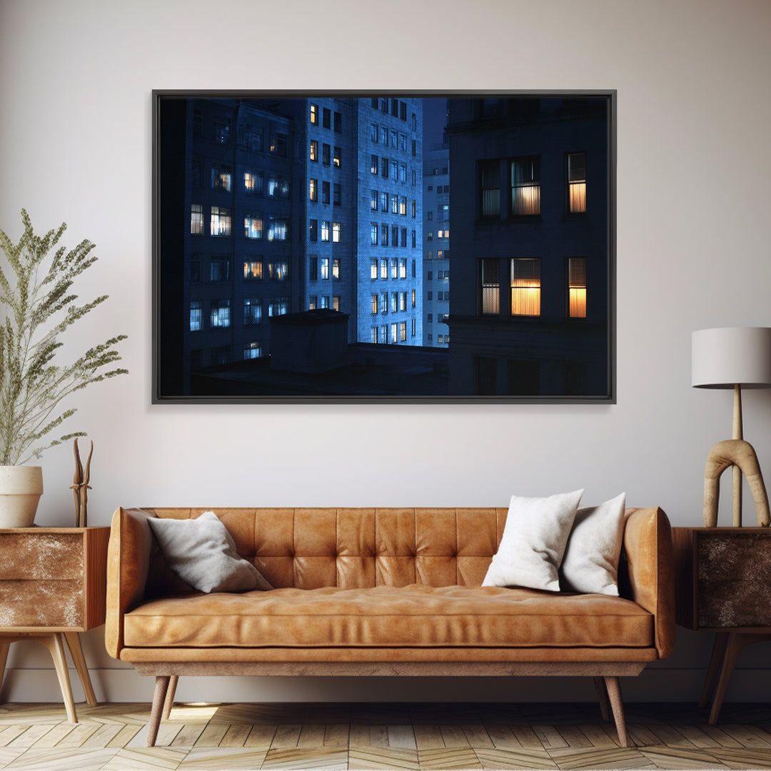 Blue City Apartment Windows Wall Art, Urban Night Photography Print, Modern Wall Decor, Bedroom Art, Home Office Decor, Blue Art