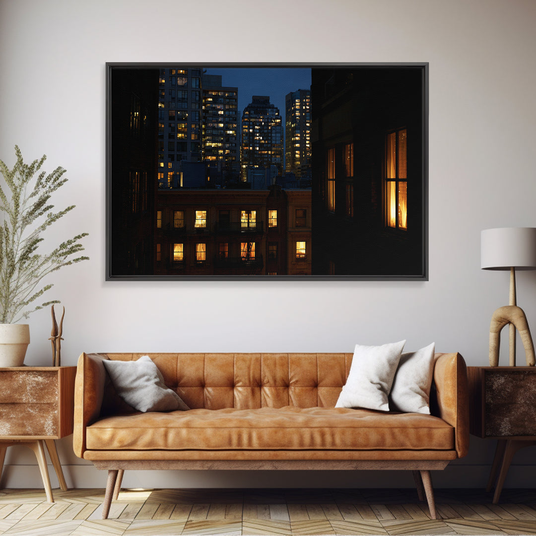 Warm Lit City Windows Wall Art, Urban Night Photography Print, Modern Home Decor, Apartment Decor, Living Room Art, Blue Art