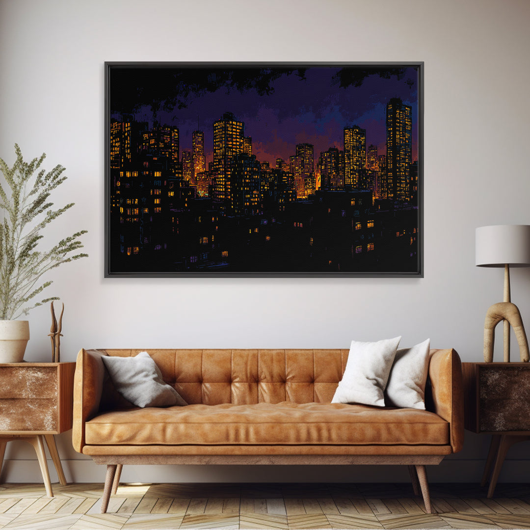 Purple City Skyline At Dusk Canvas Print, Urban Night Poster, Modern Wall Art, Retro Decor, Living Room Decor, Blue Art, Wall Decor