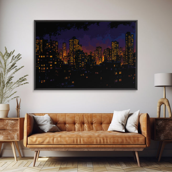 Purple City Skyline At Dusk Canvas Print, Urban Night Poster, Modern Wall Art, Retro Decor, Living Room Decor, Blue Art, Wall Decor