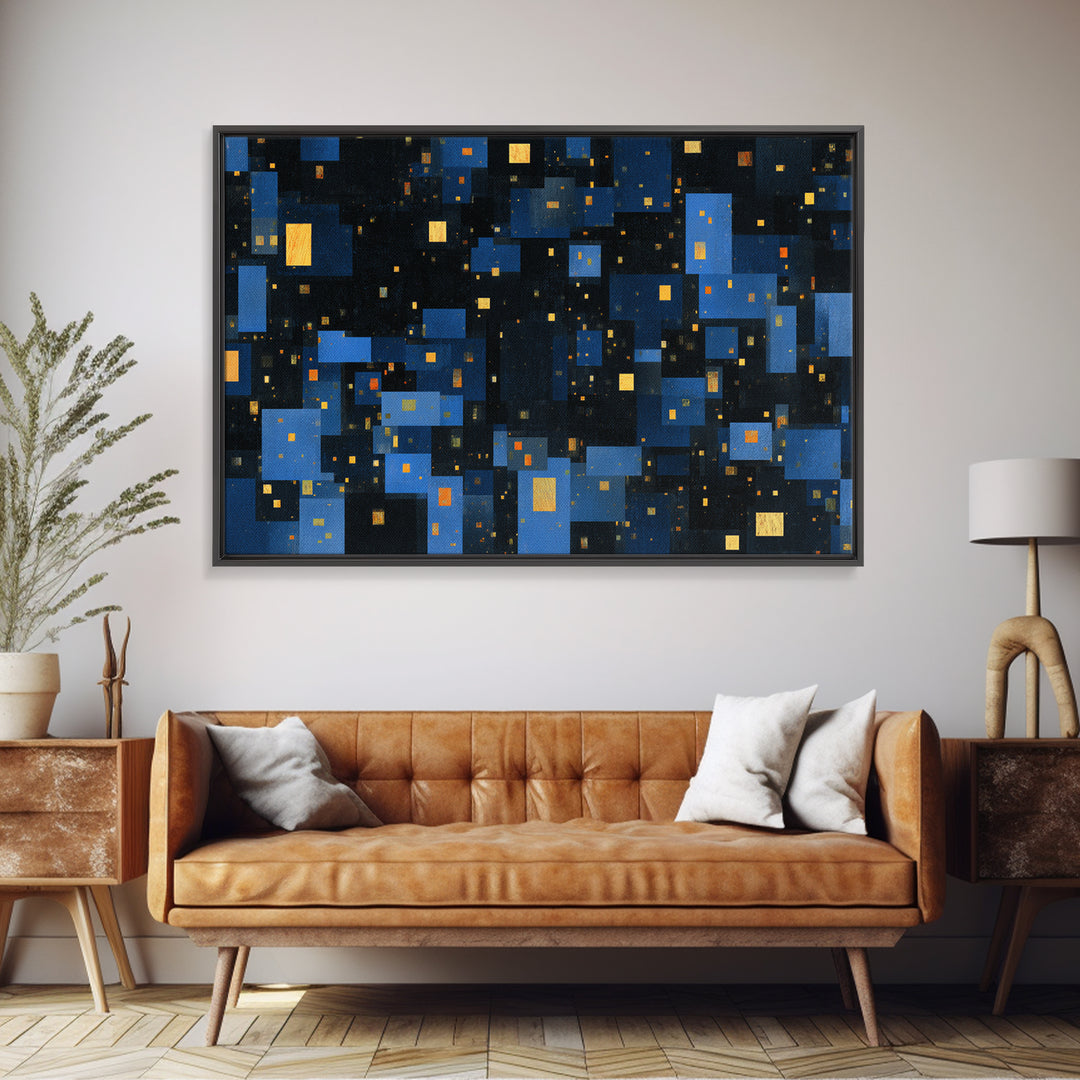 Abstract Blue City Blocks Wall Art, Geometric Night Skyline Print, Modern Abstract Art, MCM Wall Art, Office Decor, Blue Art