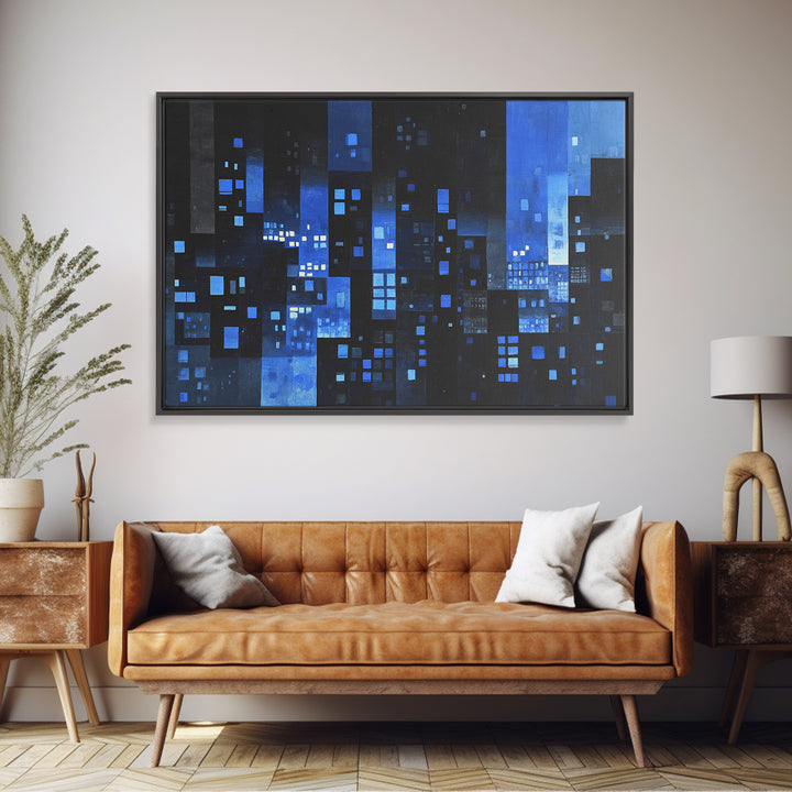 Moody Blue Abstract City Wall Art, Geometric Skyline Canvas Print, Modern Wall Decor, Office Decor, Living Room Art, Blue Art