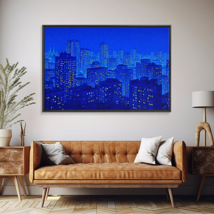 Electric Blue Cityscape Wall Art, Urban Skyline Canvas Print, Modern Art Poster, Living Room Decor, Home Office Art, Blue Art