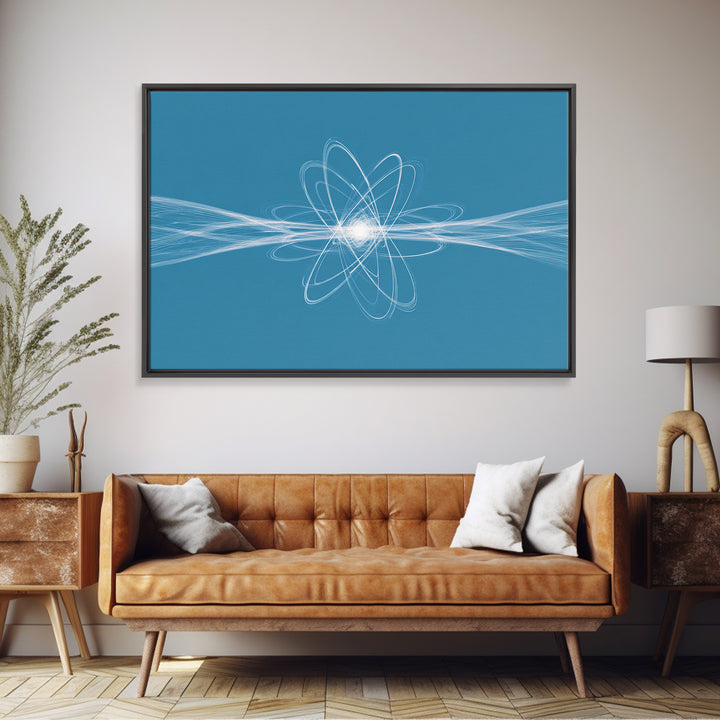 White Atom Energy Lines Canvas Print, Blue Scientific Abstract Art, Modern Wall Decor, Office Decor, Minimalist Art Print