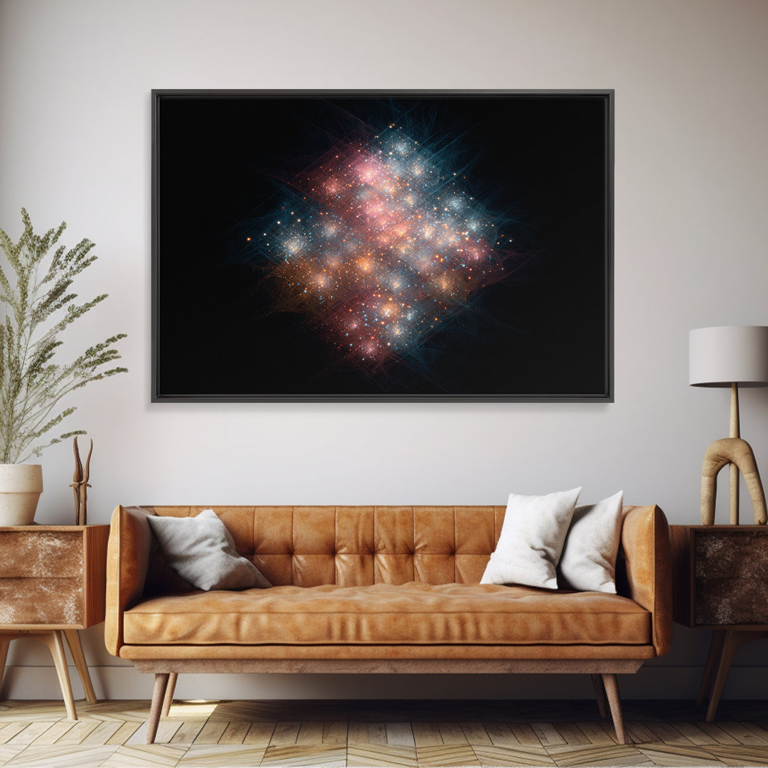 Glowing Cosmic Nebula Particle Cluster Framed Canvas Print, Space Abstract Art, Modern Wall Art, Galaxy Decor, Statement Piece
