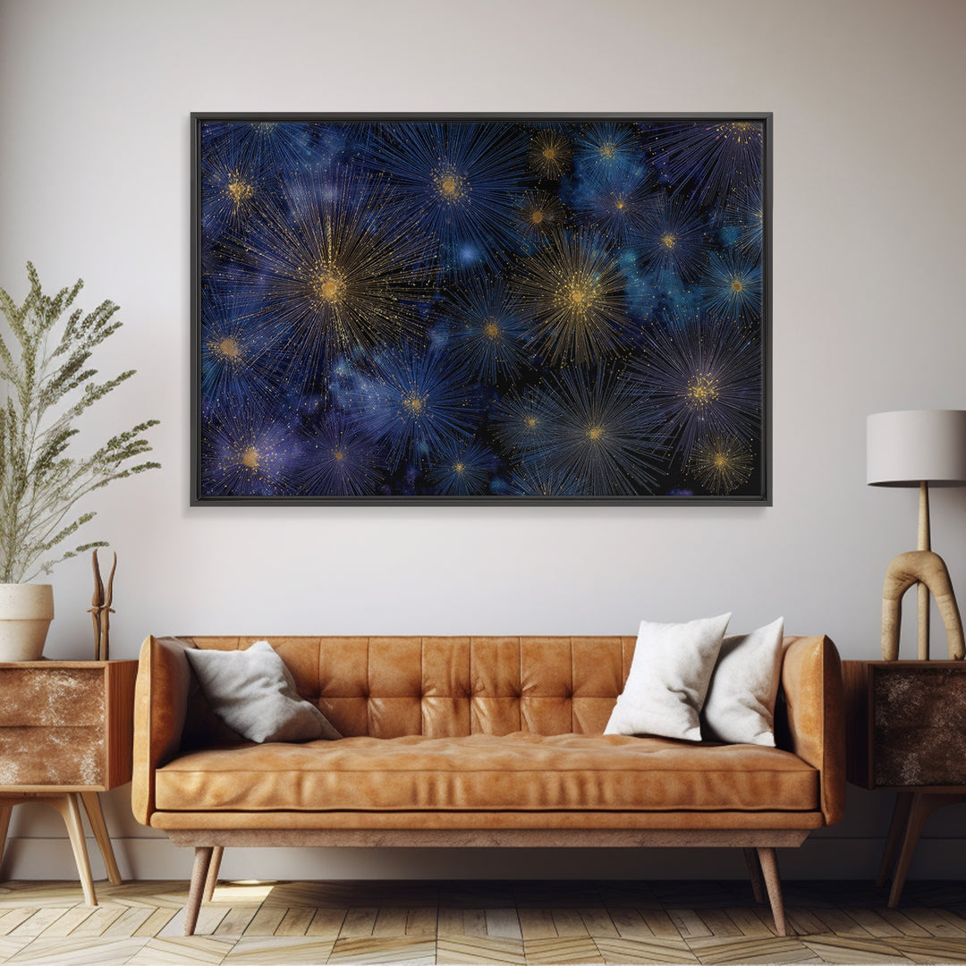 Blue Gold Cosmic Starburst Fireworks Canvas Print, Modern Abstract Art, Space Wall Art, Dark Navy Office Decor, Giclee Print