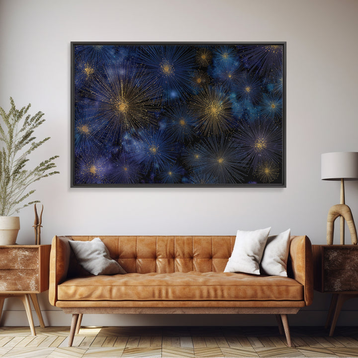 Blue Gold Cosmic Starburst Fireworks Canvas Print, Modern Abstract Art, Space Wall Art, Dark Navy Office Decor, Giclee Print