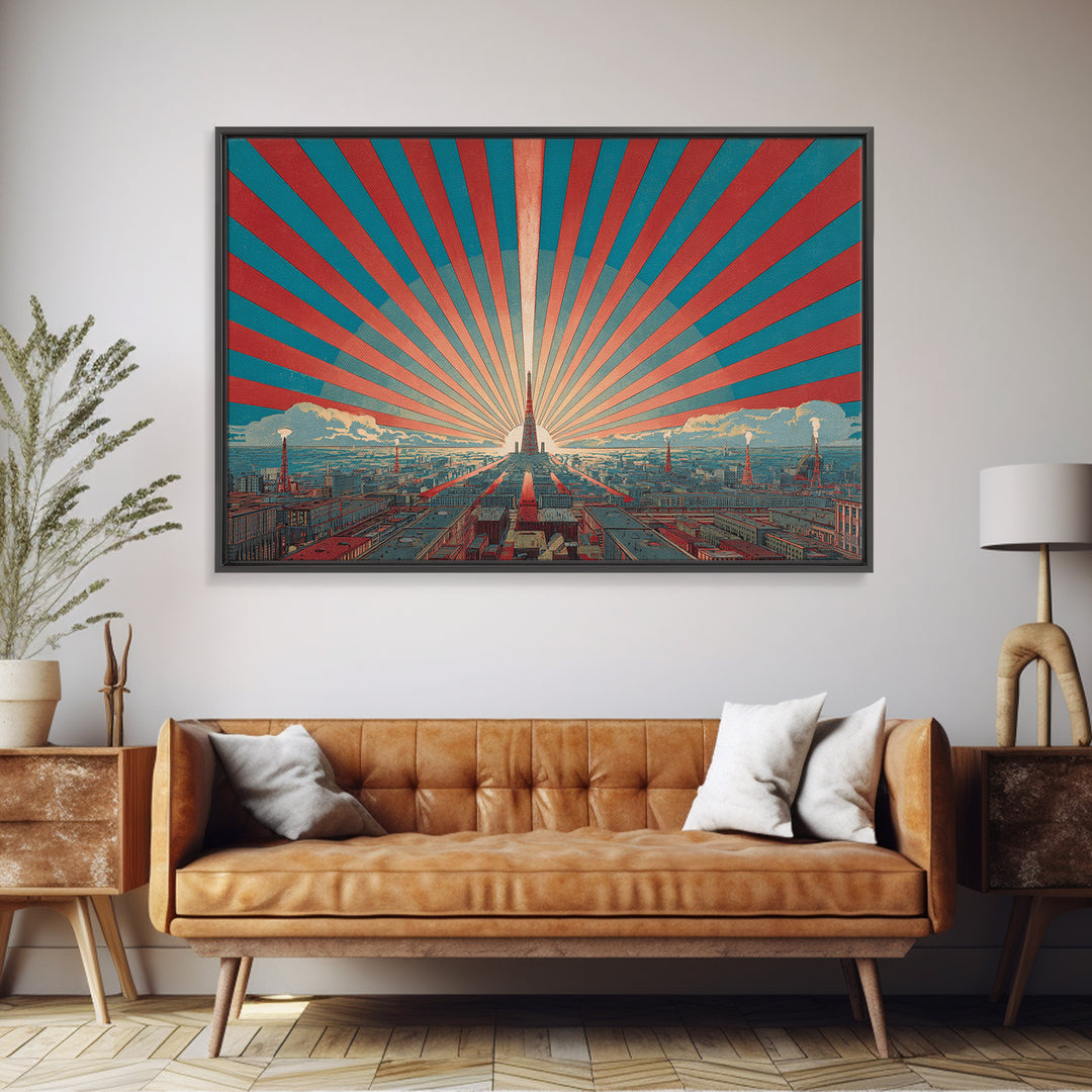 Retro City Skyline Sunburst Wall Art, Art Deco Poster, Midcentury Modern Wall Decor, Teal Red Architectural Print, Living Room Decor