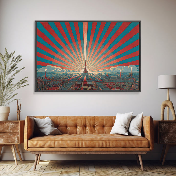 Retro City Skyline Sunburst Wall Art, Art Deco Poster, Midcentury Modern Wall Decor, Teal Red Architectural Print, Living Room Decor