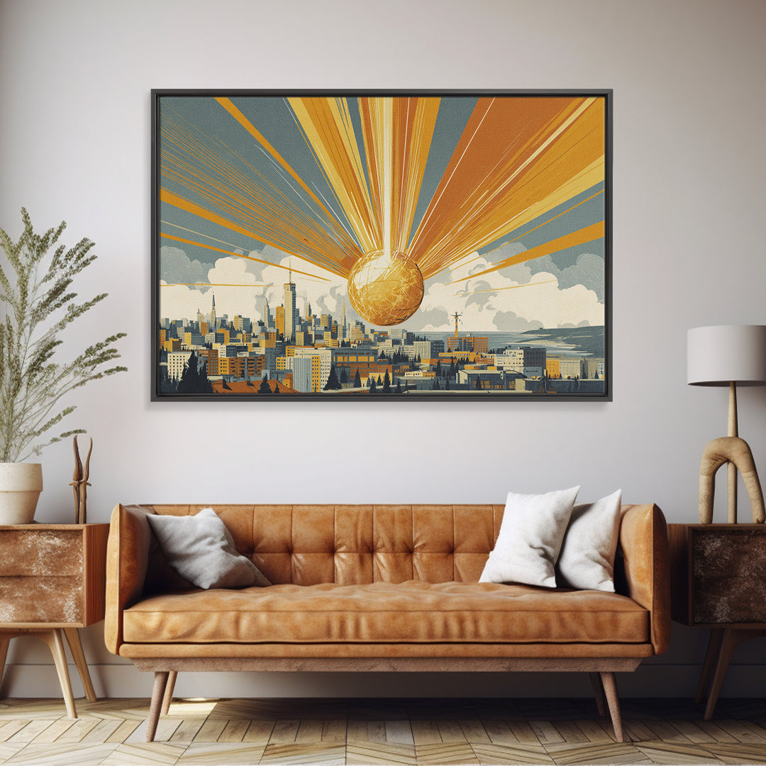 Golden Sphere Over Retro City Skyline Framed Canvas Print, Sunburst Wall Art, Midcentury Modern Decor, Futuristic Poster