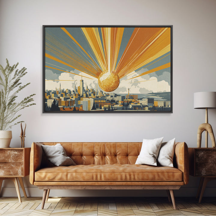 Golden Sphere Over Retro City Skyline Framed Canvas Print, Sunburst Wall Art, Midcentury Modern Decor, Futuristic Poster