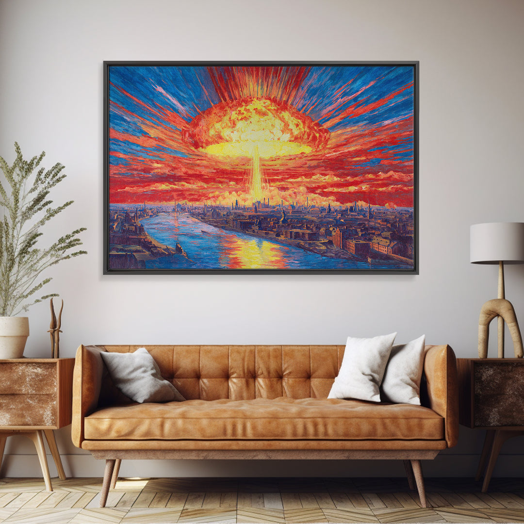 Apocalyptic Sunburst City Skyline Over River Wall Art, Sci Fi Retro Poster, Dramatic Modern Art Print For Living Room Decor