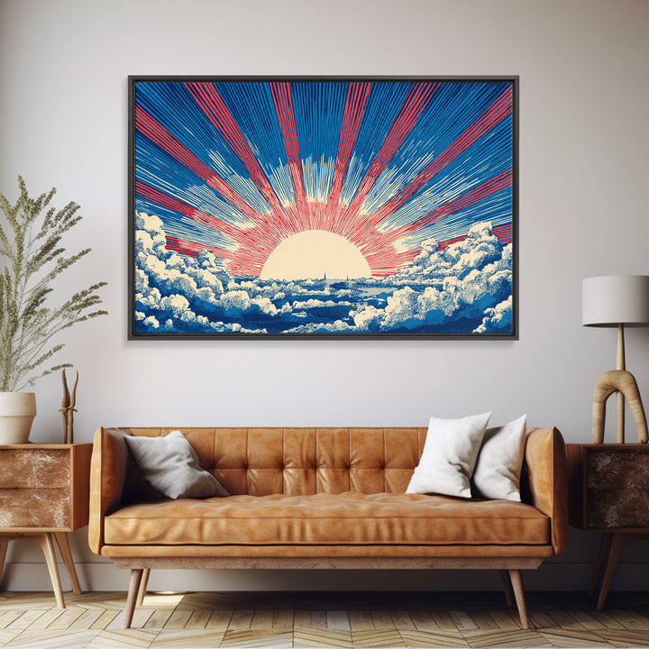 Radiant Sun Above Cloud Sea Canvas Print, Midcentury Modern Art, Retro Sun Poster, Blue Red Rays For Bedroom Wall Decor Prints