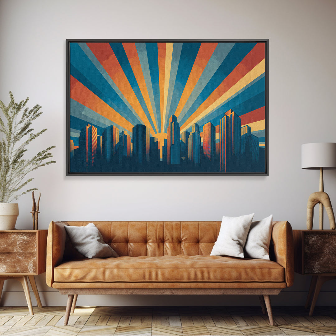 Retro City Skyline Sunrise Rays Wall Art, Midcentury Modern Poster, Urban Modern Art Print For Office And Living Room Decor