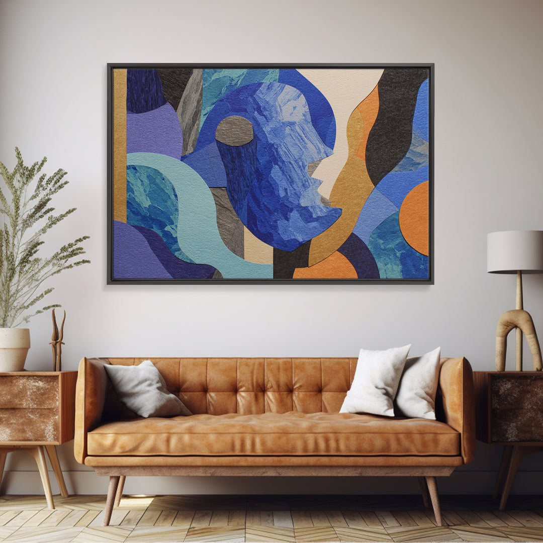 Cubist Blue Profile Face Abstract Wall Art, Modern Contemporary Collage Print, Geometric MCM Artwork For Bedroom Decor Gift