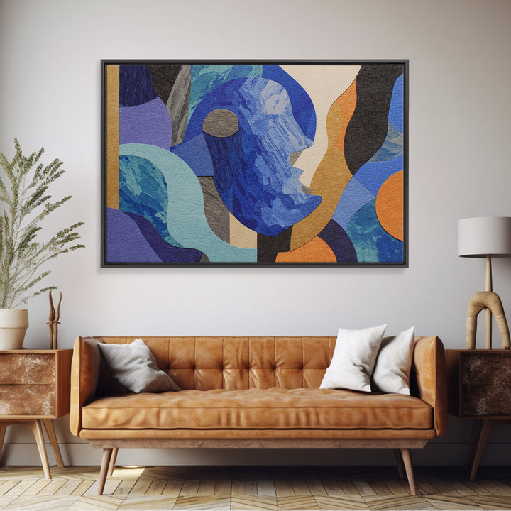Cubist Blue Profile Face Abstract Wall Art, Modern Contemporary Collage Print, Geometric MCM Artwork For Bedroom Decor Gift