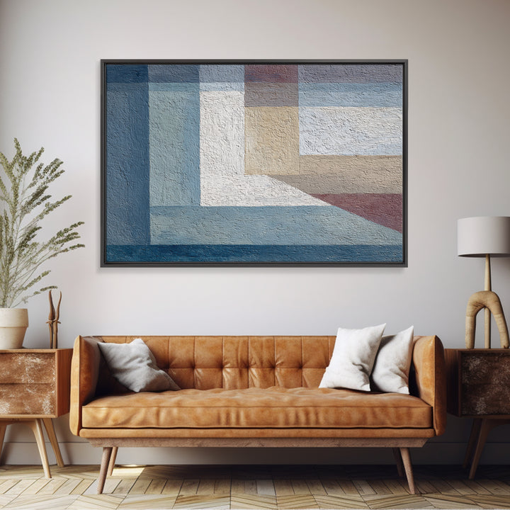Muted Blue Beige Geometric Blocks Framed Canvas Print, Minimalist Modern Abstract Art, Neutral Wall Decor For Living Room