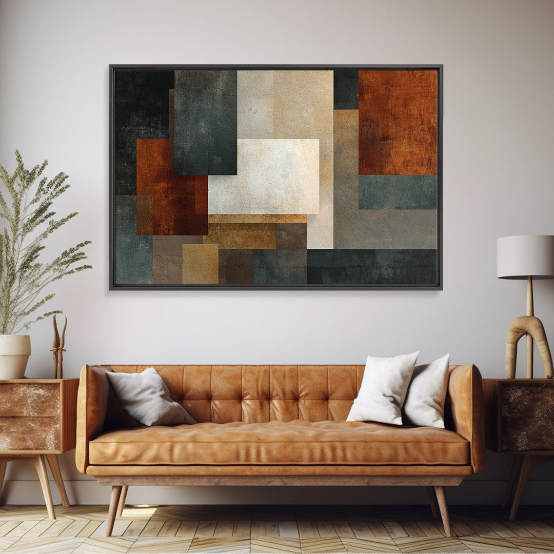 Textured Geometric Blocks In Rust Blue And Cream Wall Art, Midcentury Modern Abstract Art Print, MCM Living Room Decor Gift