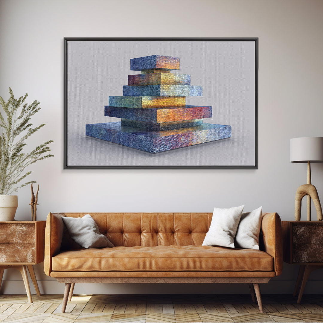 Stacked Iridescent Geometric Sculpture Canvas Print, Modern Abstract Art, Midcentury Decor, Colorful MCM Statement Piece