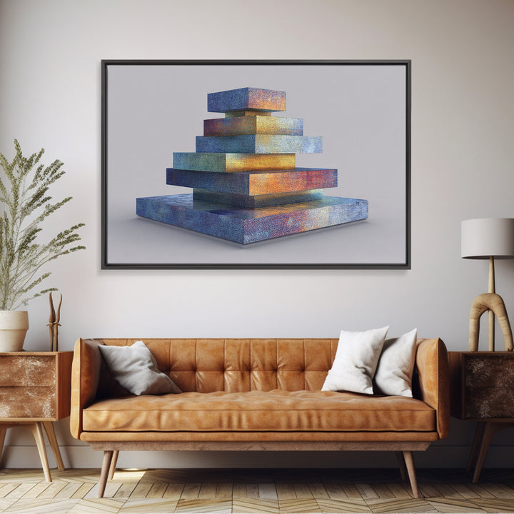 Stacked Iridescent Geometric Sculpture Canvas Print, Modern Abstract Art, Midcentury Decor, Colorful MCM Statement Piece