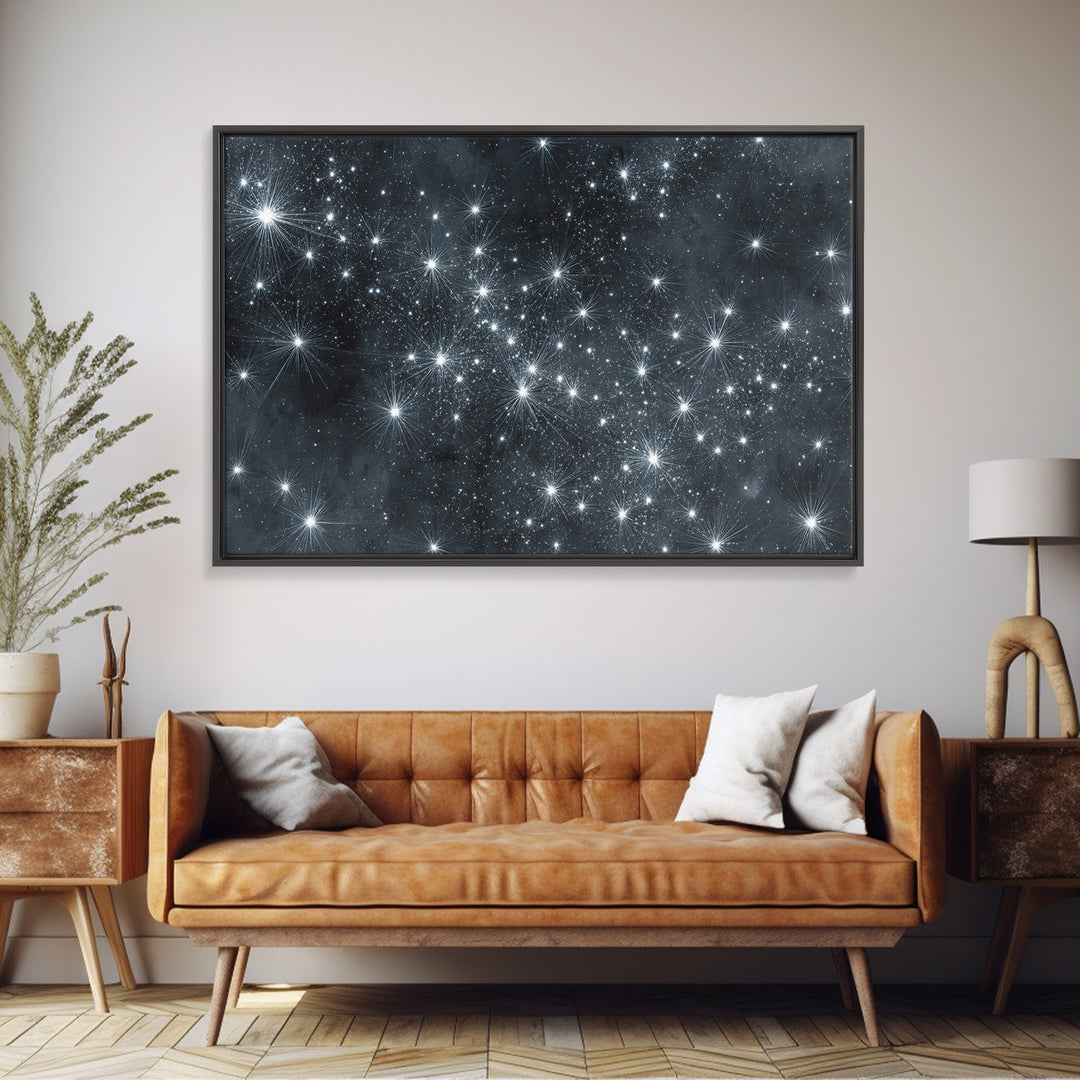 Monochrome Silver Starry Night Wall Art, Black White Space Abstract Art Print, Modern Wall Decor, Moody Bedroom Art Poster