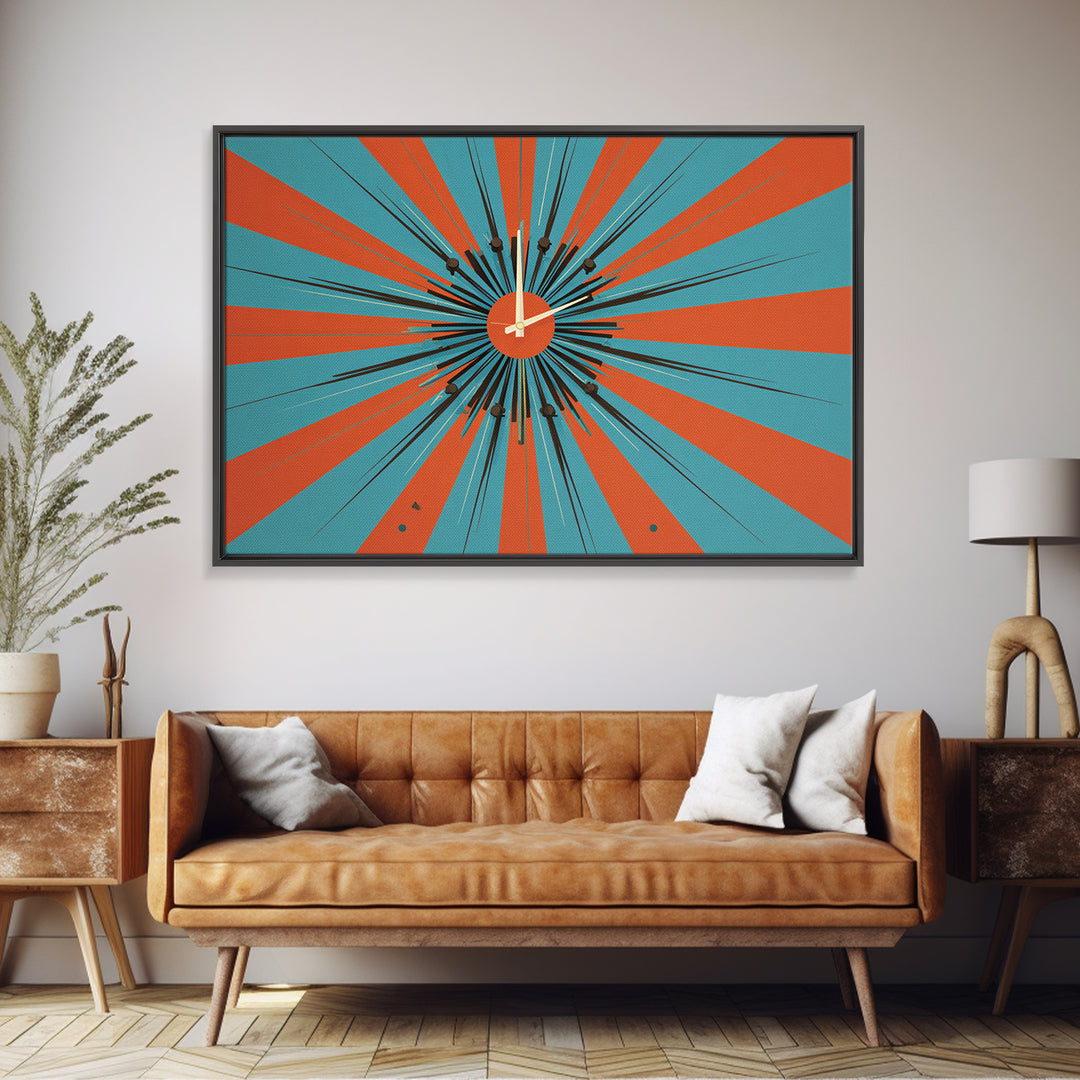 Orange Teal Atomic Starburst Framed Canvas Print, Midcentury Modern Wall Art, Retro Geometric Poster, MCM Decor, Living Room Art