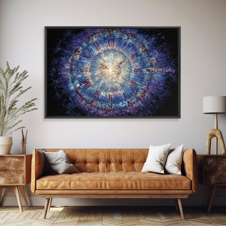Exploding Cosmic Clock With Roman Numerals Canvas Print, Blue Space Abstract Art, Modern Wall Art, Celestial Time Decor Poster